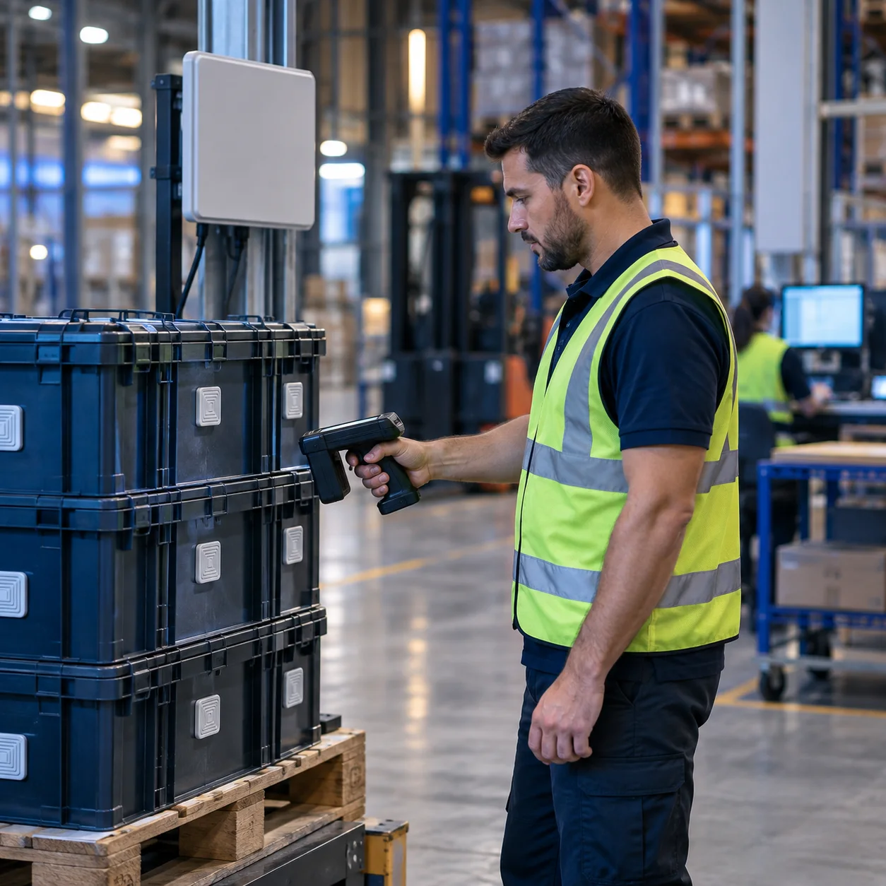 Warehouse technician scanning RFID-tagged reusable totes with a handheld reader.