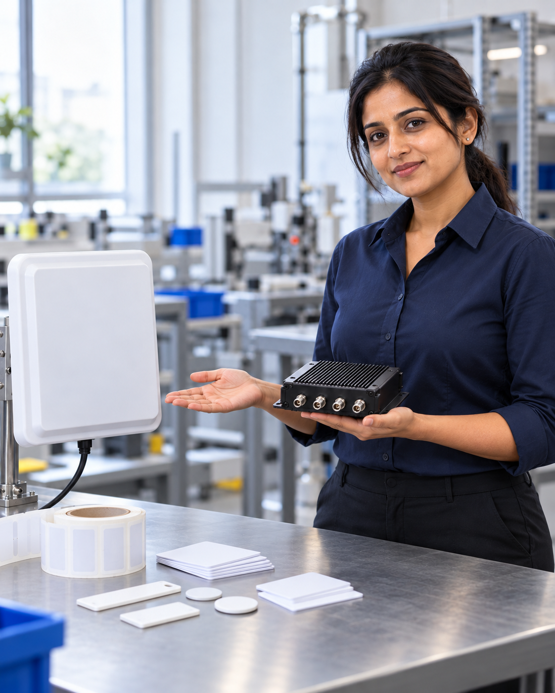 RFID solutions representative presenting a reader, antenna and RFID tags