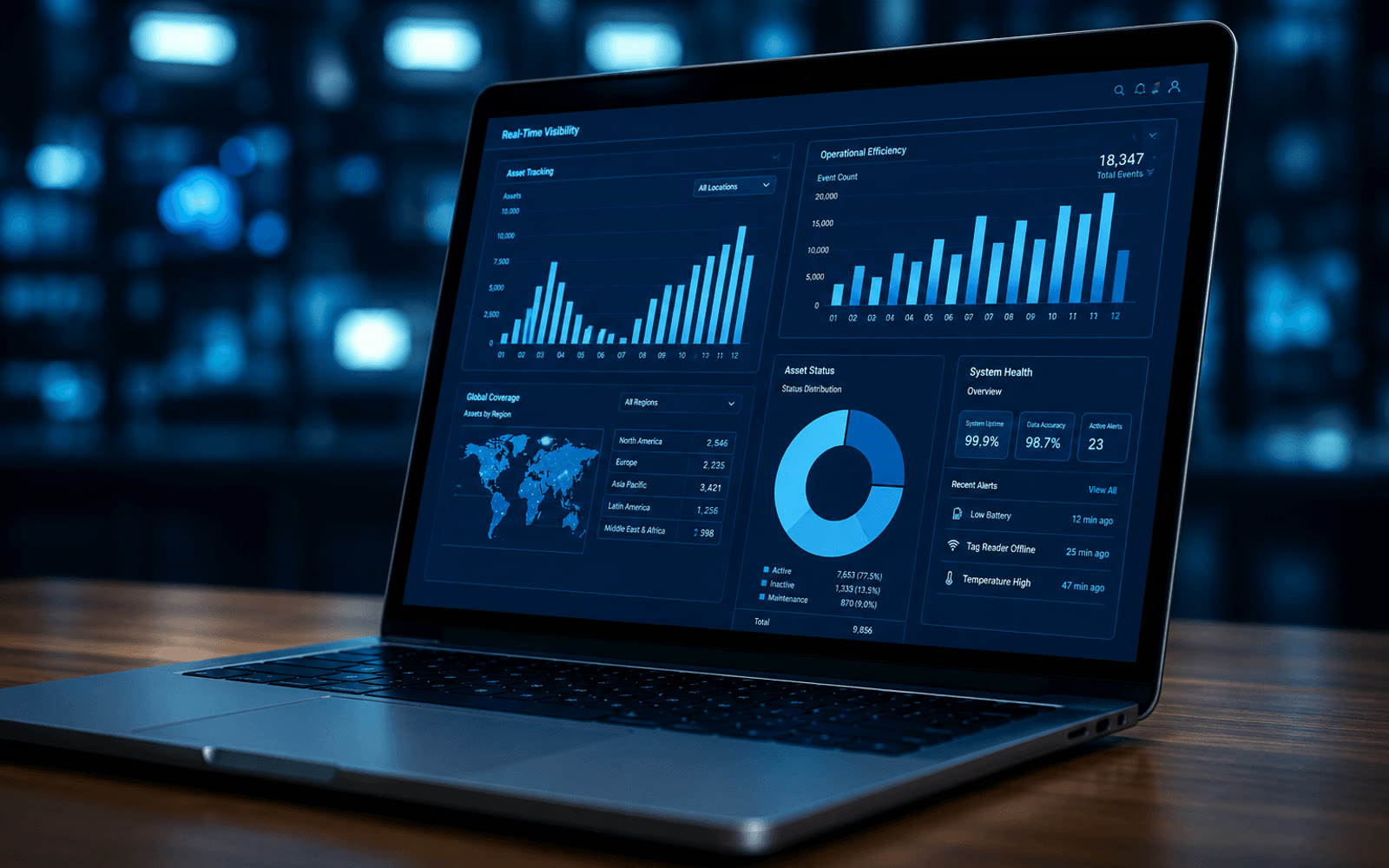 The Edge360 dashboard: live asset counts, a throughput chart and a site map showing tracked assets across a facility.
