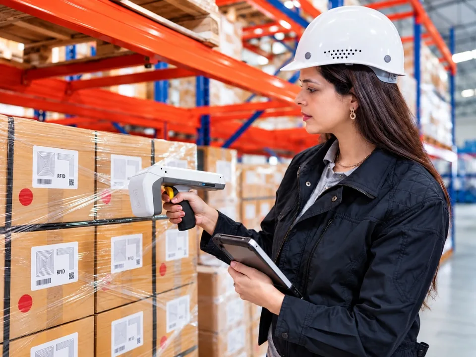 Warehouse operator reading RFID-tagged cartons with a handheld reader while checking results on a tablet