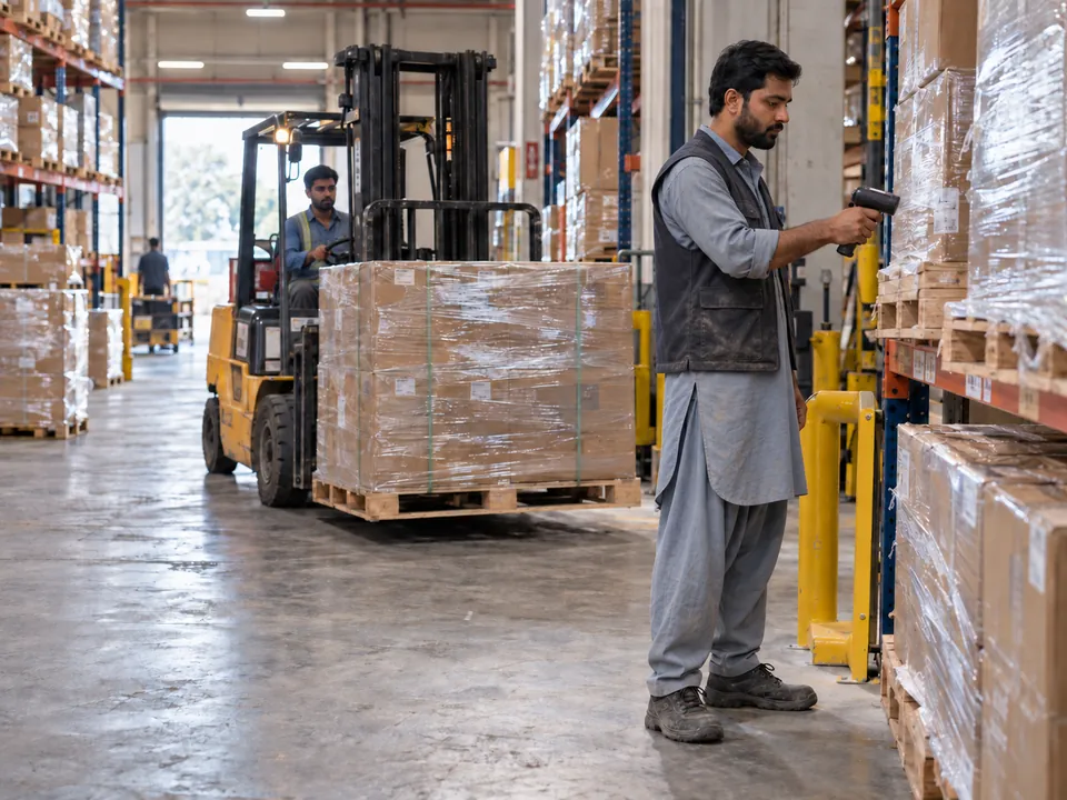 Pakistani warehouse operator scanning a pallet with an RFID handheld while a forklift moves inventory