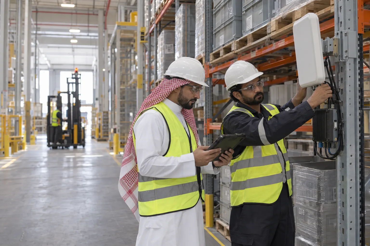 A Pakistani RFID engineer adjusts a rack-mounted UHF antenna while a Saudi operations lead reviews the installation on a rugged tablet in a modern warehouse.