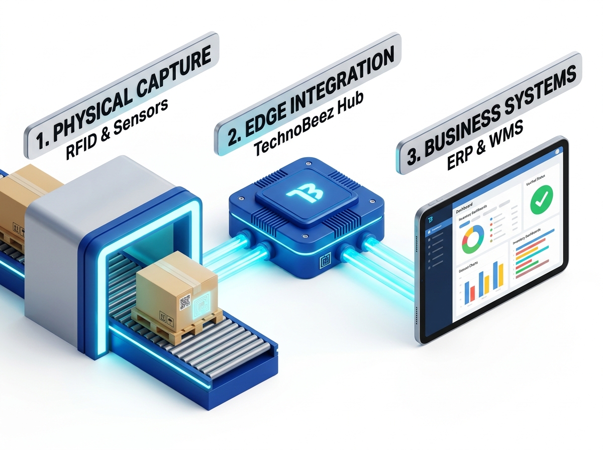 Diagram in three stages: physical capture by RFID and sensors, then edge integration, then delivery into business systems such as ERP and WMS.