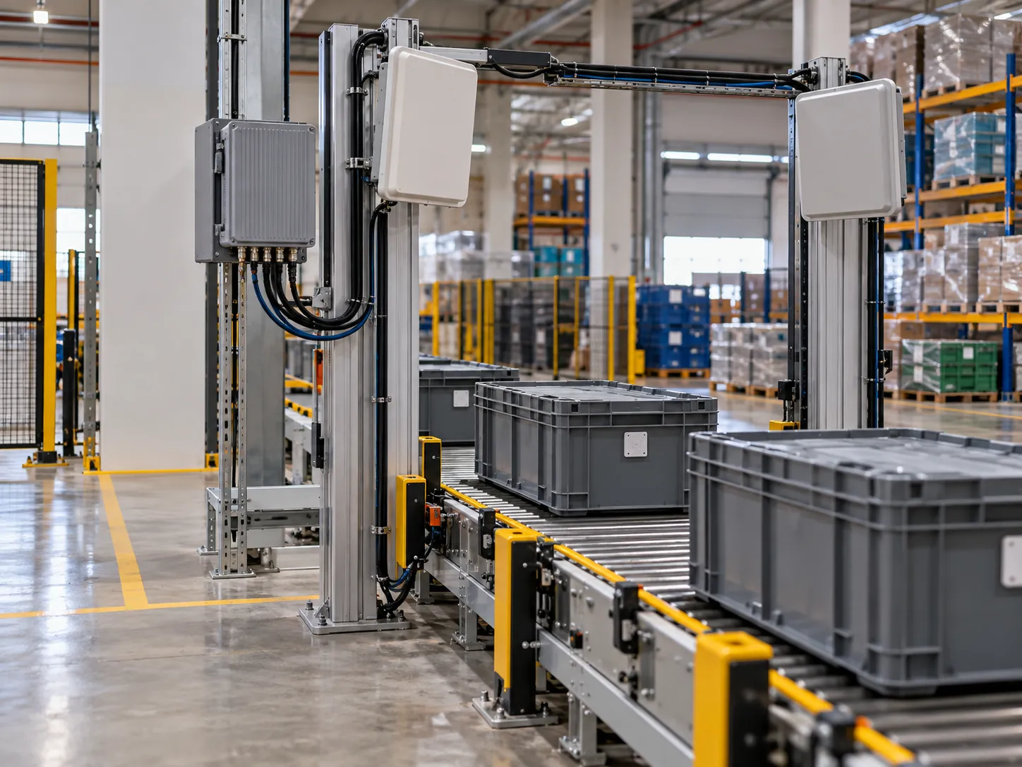 Fixed RFID validation lane with tagged crates moving through industrial read points