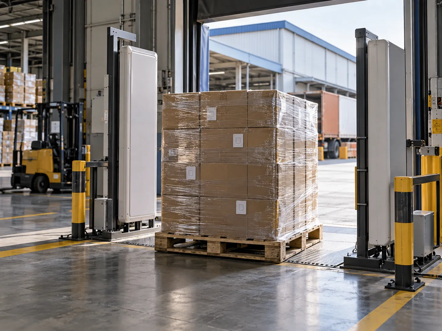 Pallet passing through an RFID portal at a warehouse dock