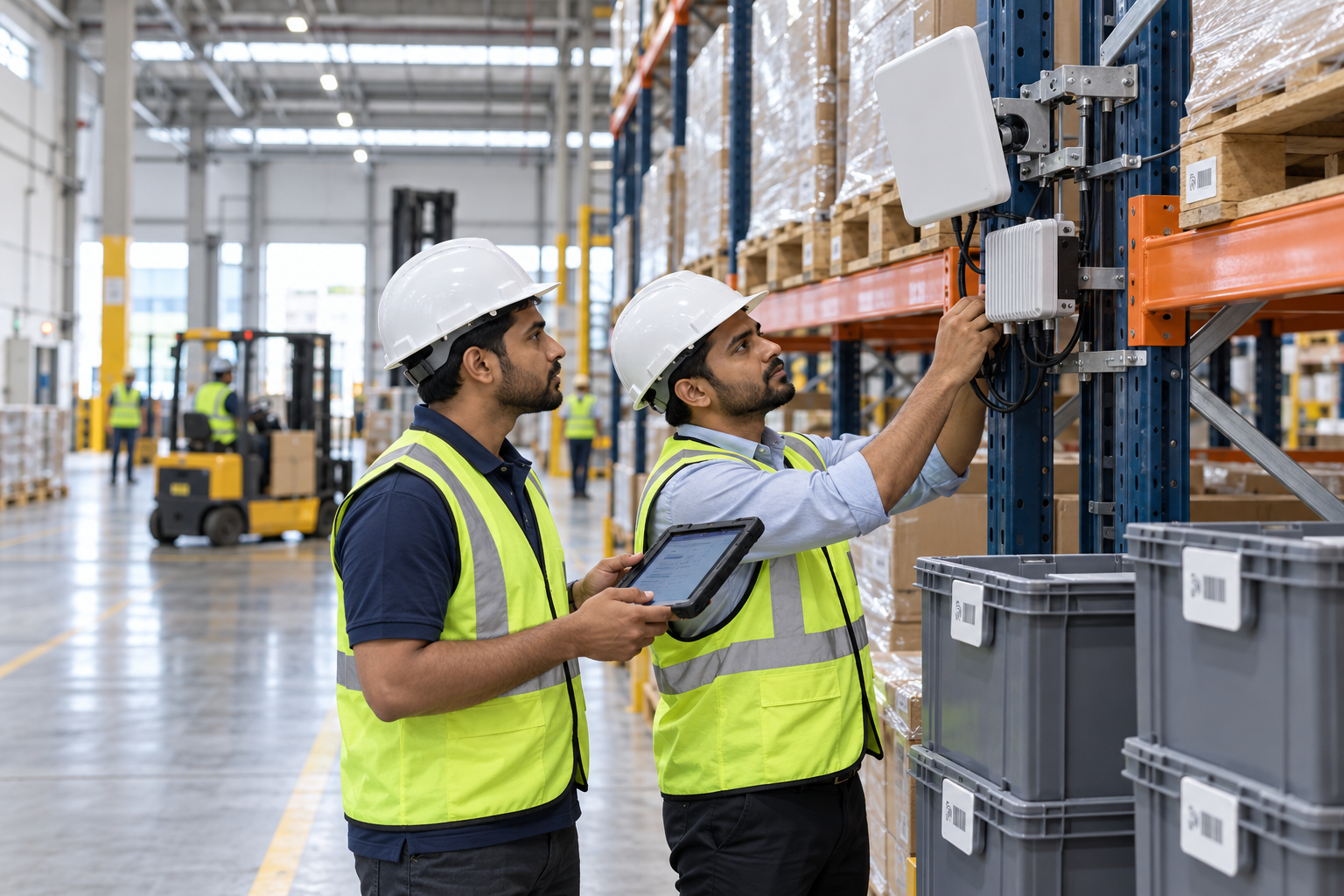 South Asian engineers validating an RFID reader and antenna in a warehouse